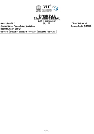 School: SCSE
                                      EXAM VENUE DETAIL
                                            CAT - I Examination
Date: 23-08-2012                                 Slot: D2          Time: 3.00 - 4.30
Course Name: Principles of Marketing                              Course Code: MGT307
Room Number: SJT421
09BCE040   09BCE147   09BCE341   09BCE378   09BCE440   09BCE493




                                                  13/15
 