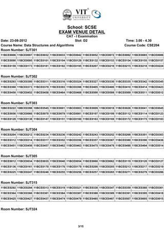 School: SCSE
                                   EXAM VENUE DETAIL
                                       CAT - I Examination
Date: 23-08-2012                            Slot: D2                        Time: 3.00 - 4.30
Course Name: Data Structures and Algorithms                                Course Code: CSE204
Room Number: SJT301
11BCE0006 11BCE0007 11BCE0032 11BCE0033 11BCE0042 11BCE0052 11BCE0072 11BCE0082 11BCE0085 11BCE0086
11BCE0090 11BCE0095 11BCE0101 11BCE0104 11BCE0129 11BCE0132 11BCE0153 11BCE0154 11BCE0155 11BCE0157
11BCE0159 11BCE0173 11BCE0181 11BCE0182 11BCE0195 11BCE0207 11BCE0210 11BCE0215 11BCE0218 11BCE0224


Room Number: SJT302
11BCE0293 11BCE0300 11BCE0311 11BCE0316 11BCE0324 11BCE0327 11BCE0330 11BCE0335 11BCE0342 11BCE0345
11BCE0368 11BCE0373 11BCE0379 11BCE0393 11BCE0398 11BCE0405 11BCE0406 11BCE0410 11BCE0414 11BCE0423
11BCE0450 11BCE0452 11BCE0458 11BCE0464 11BCE0468 11BCE0500 11BCE0508 11BCE0509 11BCE0511 11BCE0512


Room Number: SJT303
10BCE0222 10BCE0398 10BCE0545 11BCE0001 11BCE0003 11BCE0009 11BCE0018 11BCE0028 11BCE0041 11BCE0045
11BCE0056 11BCE0066 11BCE0070 11BCE0079 11BCE0081 11BCE0107 11BCE0109 11BCE0112 11BCE0114 11BCE0123
11BCE0128 11BCE0138 11BCE0147 11BCE0151 11BCE0160 11BCE0163 11BCE0169 11BCE0172 11BCE0175 11BCE0183


Room Number: SJT304
11BCE0204 11BCE0212 11BCE0234 11BCE0236 11BCE0242 11BCE0243 11BCE0252 11BCE0268 11BCE0301 11BCE0303
11BCE0312 11BCE0314 11BCE0317 11BCE0352 11BCE0356 11BCE0357 11BCE0367 11BCE0380 11BCE0390 11BCE0436
11BCE0451 11BCE0456 11BCE0457 11BCE0462 11BCE0463 11BCE0475 11BCE0476 11BCE0490 11BCE0494 11BCE0514


Room Number: SJT305
11BCE0012 11BCE0034 11BCE0035 11BCE0040 11BCE0054 11BCE0060 11BCE0062 11BCE0119 11BCE0120 11BCE0127
11BCE0136 11BCE0161 11BCE0170 11BCE0176 11BCE0179 11BCE0200 11BCE0205 11BCE0213 11BCE0217 11BCE0219
11BCE0225 11BCE0247 11BCE0248 11BCE0255 11BCE0256 11BCE0257 11BCE0265 11BCE0271 11BCE0279 11BCE0286


Room Number: SJT315
11BCE0292 11BCE0294 11BCE0313 11BCE0319 11BCE0321 11BCE0338 11BCE0347 11BCE0359 11BCE0360 11BCE0361
11BCE0364 11BCE0366 11BCE0381 11BCE0384 11BCE0387 11BCE0388 11BCE0389 11BCE0391 11BCE0395 11BCE0418
11BCE0425 11BCE0427 11BCE0437 11BCE0474 11BCE0479 11BCE0485 11BCE0487 11BCE0507 11BCE0005 11BCE0015


Room Number: SJT324




                                               3/15
 