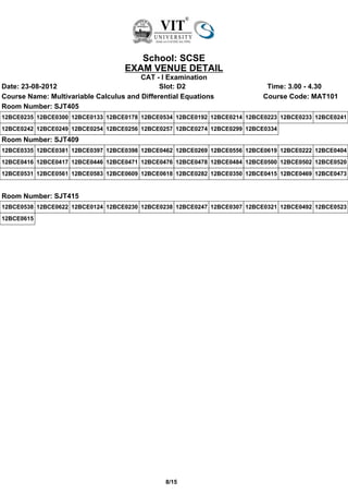 School: SCSE
                                   EXAM VENUE DETAIL
                                        CAT - I Examination
Date: 23-08-2012                              Slot: D2                      Time: 3.00 - 4.30
Course Name: Multivariable Calculus and Differential Equations             Course Code: MAT101
Room Number: SJT405
12BCE0235 12BCE0300 12BCE0133 12BCE0178 12BCE0534 12BCE0192 12BCE0214 12BCE0223 12BCE0233 12BCE0241
12BCE0242 12BCE0249 12BCE0254 12BCE0256 12BCE0257 12BCE0274 12BCE0299 12BCE0334
Room Number: SJT409
12BCE0335 12BCE0381 12BCE0397 12BCE0398 12BCE0462 12BCE0269 12BCE0556 12BCE0619 12BCE0222 12BCE0404
12BCE0416 12BCE0417 12BCE0446 12BCE0471 12BCE0476 12BCE0478 12BCE0484 12BCE0500 12BCE0502 12BCE0520
12BCE0531 12BCE0561 12BCE0583 12BCE0609 12BCE0618 12BCE0282 12BCE0350 12BCE0415 12BCE0469 12BCE0473


Room Number: SJT415
12BCE0538 12BCE0622 12BCE0124 12BCE0230 12BCE0238 12BCE0247 12BCE0307 12BCE0321 12BCE0492 12BCE0523
12BCE0615




                                               8/15
 