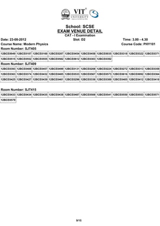 School: SCSE
                                   EXAM VENUE DETAIL
                                       CAT - I Examination
Date: 23-08-2012                            Slot: D2                        Time: 3.00 - 4.30
Course Name: Modern Physics                                                Course Code: PHY101
Room Number: SJT405
12BCE0049 12BCE0107 12BCE0160 12BCE0207 12BCE0454 12BCE0458 12BCE0035 12BCE0318 12BCE0322 12BCE0371
12BCE0515 12BCE0552 12BCE0555 12BCE0582 12BCE0612 12BCE0303 12BCE0392
Room Number: SJT409
12BCE0393 12BCE0408 12BCE0457 12BCE0499 12BCE0131 12BCE0208 12BCE0224 12BCE0272 12BCE0313 12BCE0359
12BCE0363 12BCE0374 12BCE0432 12BCE0485 12BCE0533 12BCE0567 12BCE0573 12BCE0616 12BCE0092 12BCE0364
12BCE0425 12BCE0427 12BCE0439 12BCE0461 12BCE0296 12BCE0336 12BCE0389 12BCE0405 12BCE0412 12BCE0418


Room Number: SJT415
12BCE0433 12BCE0434 12BCE0435 12BCE0438 12BCE0487 12BCE0508 12BCE0541 12BCE0550 12BCE0553 12BCE0571
12BCE0579




                                               9/15
 