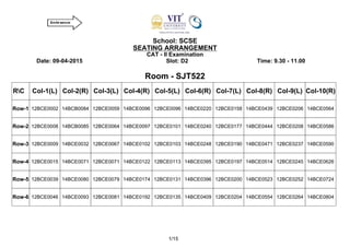 School: SCSE
SEATING ARRANGEMENT
CAT - II Examination
Date: 09-04-2015 Slot: D2 Time: 9.30 - 11.00
Room - SJT522
RC Col-1(L) Col-2(R) Col-3(L) Col-4(R) Col-5(L) Col-6(R) Col-7(L) Col-8(R) Col-9(L) Col-10(R)
Row-1 12BCE0002 14BCB0084 12BCE0059 14BCE0096 12BCE0096 14BCE0220 12BCE0158 14BCE0439 12BCE0206 14BCE0564
Row-2 12BCE0008 14BCB0085 12BCE0064 14BCE0097 12BCE0101 14BCE0240 12BCE0177 14BCE0444 12BCE0208 14BCE0586
Row-3 12BCE0009 14BCE0032 12BCE0067 14BCE0102 12BCE0103 14BCE0248 12BCE0190 14BCE0471 12BCE0237 14BCE0590
Row-4 12BCE0015 14BCE0071 12BCE0071 14BCE0122 12BCE0113 14BCE0395 12BCE0197 14BCE0514 12BCE0245 14BCE0626
Row-5 12BCE0039 14BCE0080 12BCE0079 14BCE0174 12BCE0131 14BCE0396 12BCE0200 14BCE0523 12BCE0252 14BCE0724
Row-6 12BCE0046 14BCE0093 12BCE0081 14BCE0192 12BCE0135 14BCE0409 12BCE0204 14BCE0554 12BCE0264 14BCE0804
1/15
 
