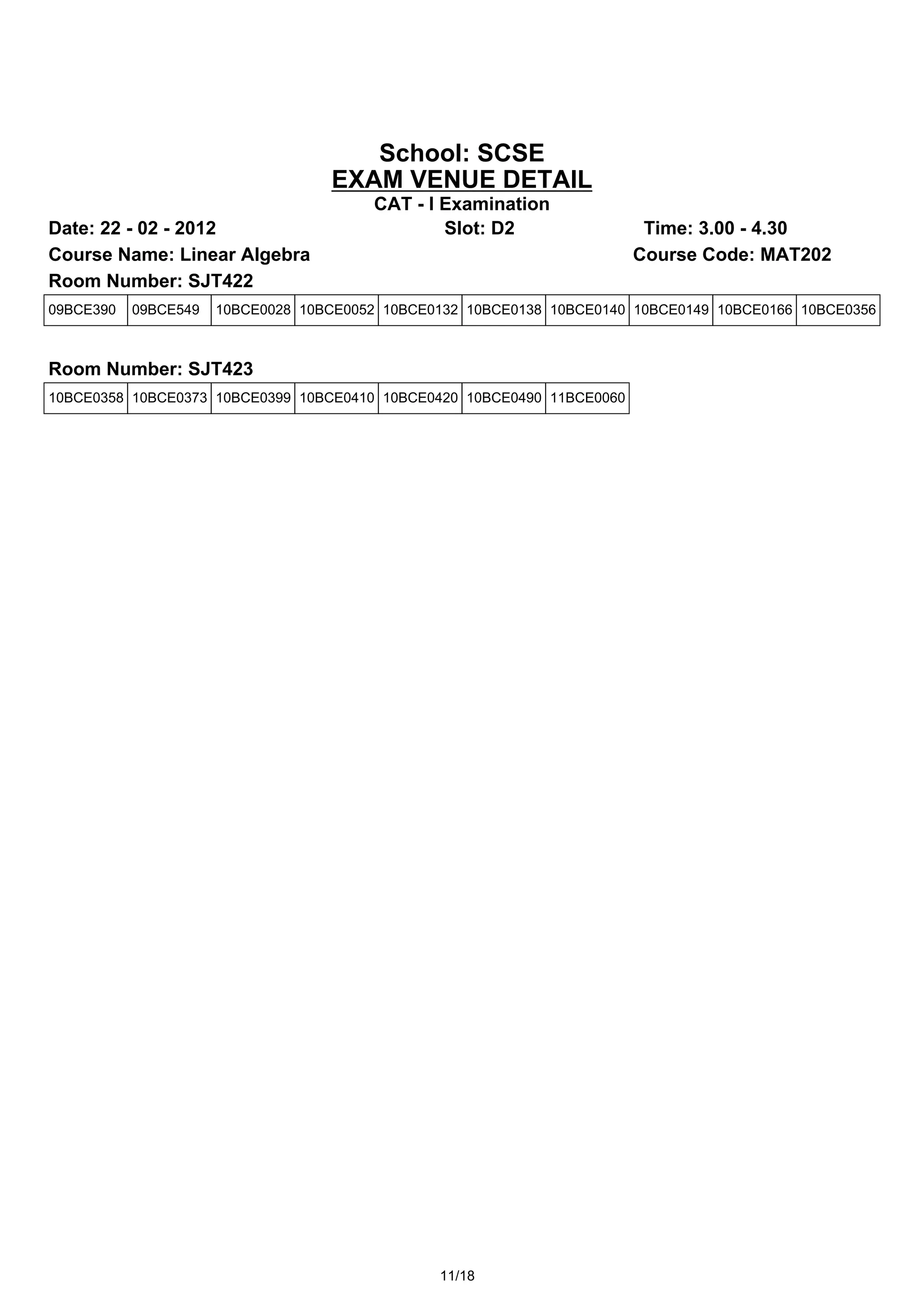 School: SCSE
                                   EXAM VENUE DETAIL
                                        CAT - I Examination
Date: 22 - 02 - 2012                            Slot: D2                 Time: 3.00 - 4.30
Course Name: Linear Algebra                                             Course Code: MAT202
Room Number: SJT422
09BCE390   09BCE549   10BCE0028 10BCE0052 10BCE0132 10BCE0138 10BCE0140 10BCE0149 10BCE0166 10BCE0356



Room Number: SJT423
10BCE0358 10BCE0373 10BCE0399 10BCE0410 10BCE0420 10BCE0490 11BCE0060




                                                11/18
 