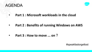 AGENDA
• Part 1 : Microsoft workloads in the cloud
• Part 2 : Benefits of running Windows on AWS
• Part 3 : How to move ... on ?
#speakfastorgetlost
 