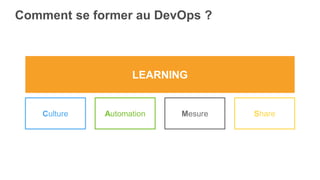 Comment se former au DevOps ?
Culture ShareAutomation Mesure
LEARNING
 