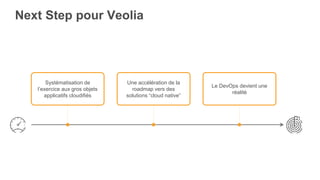 Next Step pour Veolia
Systématisation de
l’exercice aux gros objets
applicatifs cloudifiés
Une accélération de la
roadmap vers des
solutions “cloud native”
Le DevOps devient une
réalité
 
