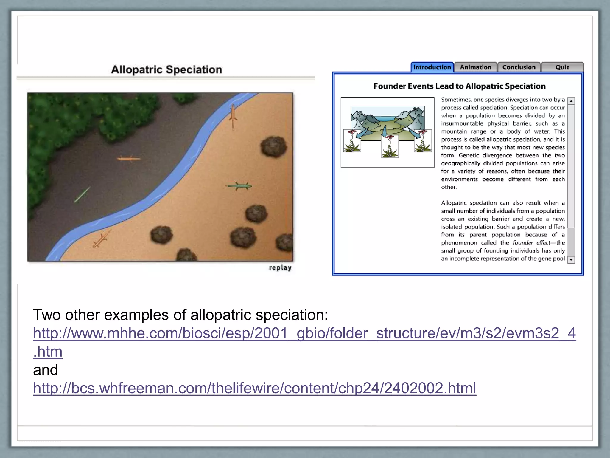 Two other examples of allopatric speciation:
http://www.mhhe.com/biosci/esp/2001_gbio/folder_structure/ev/m3/s2/evm3s2_4
.htm
and
http://bcs.whfreeman.com/thelifewire/content/chp24/2402002.html
 