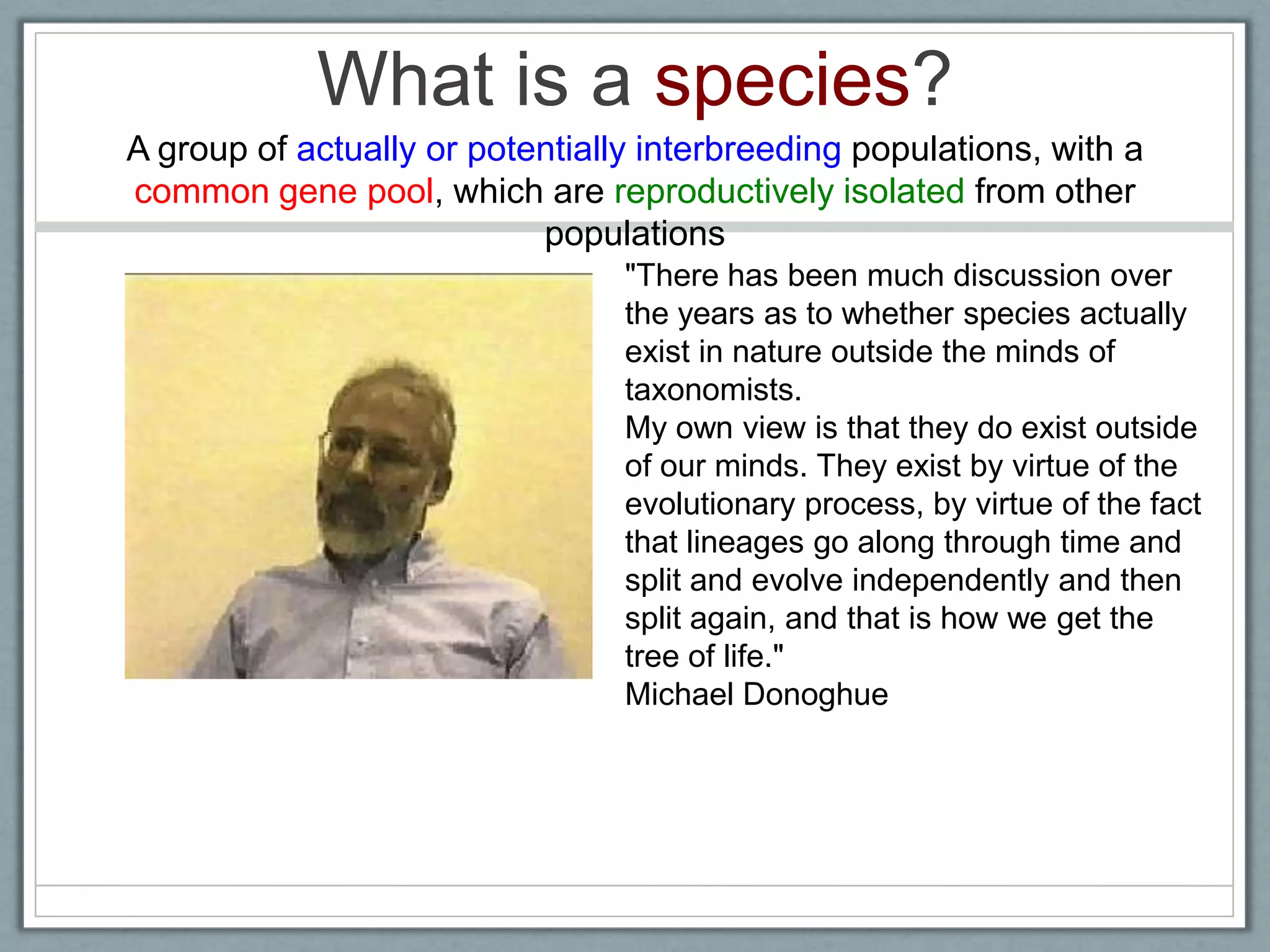 What is a species?
A group of actually or potentially interbreeding populations, with a
common gene pool, which are reproductively isolated from other
populations
"There has been much discussion over
the years as to whether species actually
exist in nature outside the minds of
taxonomists.
My own view is that they do exist outside
of our minds. They exist by virtue of the
evolutionary process, by virtue of the fact
that lineages go along through time and
split and evolve independently and then
split again, and that is how we get the
tree of life."
Michael Donoghue
 