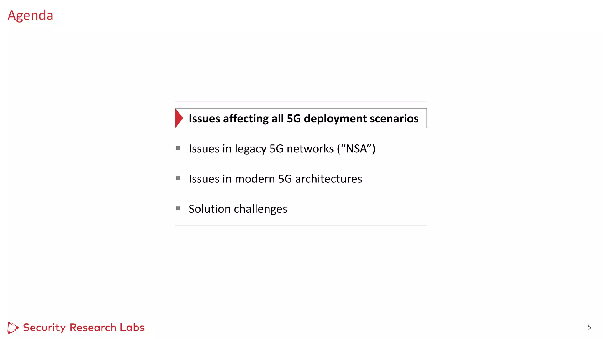 as Logo Horizontal
Pos / Neg
Agenda
5
§ Issues affecting all 5G deployment scenarios
§ Issues in legacy 5G networks (“NSA”)
§ Issues in modern 5G architectures
§ Solution challenges
 