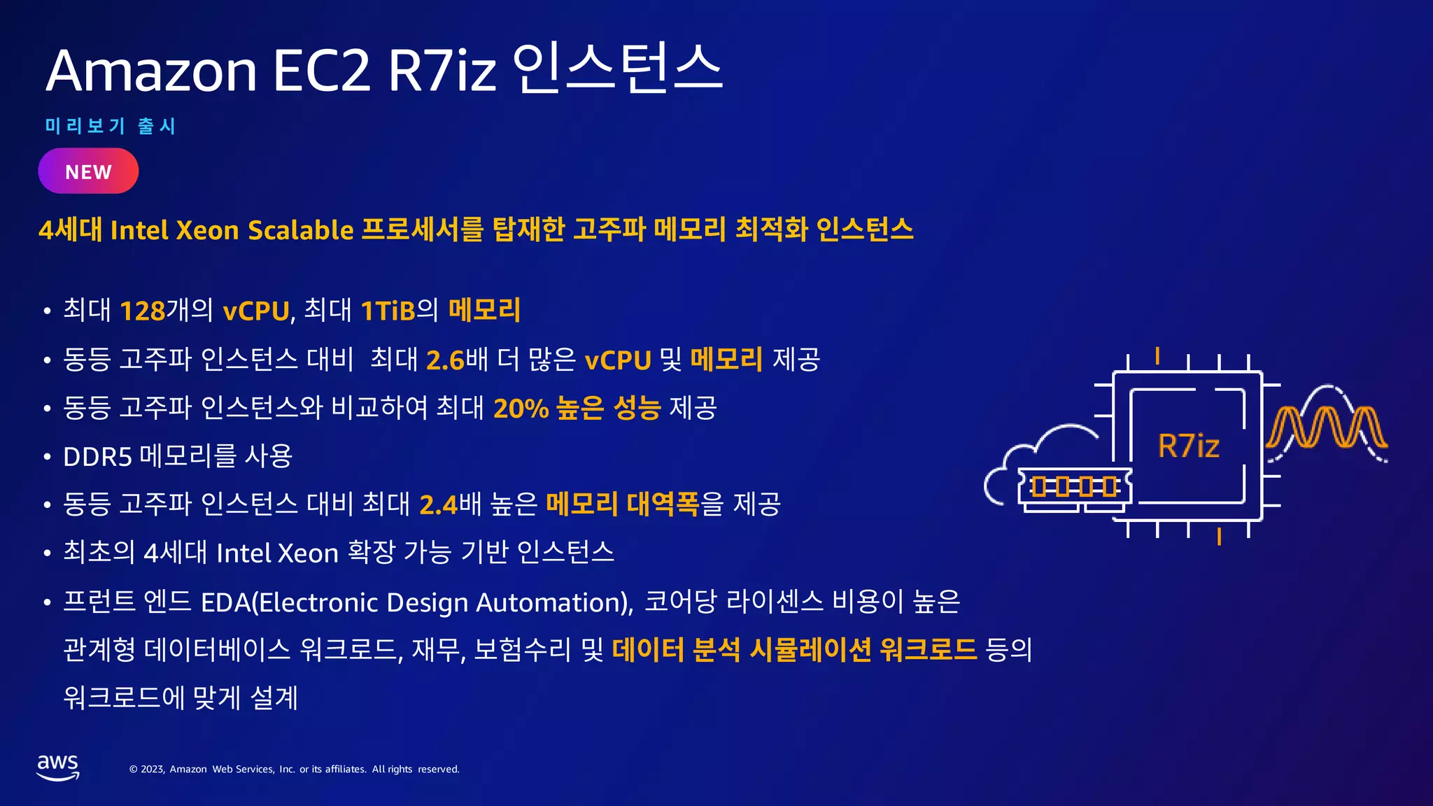 © 2023, Amazon Web Services, Inc. or its affiliates. All rights reserved.
Amazon EC2 R7iz
4 Intel Xeon Scalable
NEW
• 128 vCPU, 1TiB
• 2.6 vCPU
• 20%
• DDR5
• 2.4
• 4 Intel Xeon
• EDA(Electronic Design Automation),
, ,
 