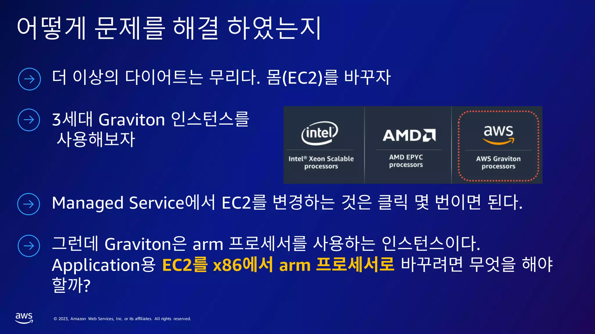 © 2023, Amazon Web Services, Inc. or its affiliates. All rights reserved.
어떻게 문제를 해결 하였는지
. (EC2)
3 Graviton
Managed Service EC2 .
Graviton arm .
Application EC2 x86 arm
?
 