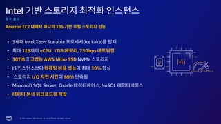 © 2023, Amazon Web Services, Inc. or its affiliates. All rights reserved.
Intel
Amazon EC2 X86
• 3 Intel Xeon Scalable (Ice Lake)
• 128 vCPU, 1TiB , 75Gbps
• 30TiB AWS Nitro SSD NVMe
• I3 30%
• I/O 60%
• Microsoft SQL Server, Oracle ,NoSQL
•
 