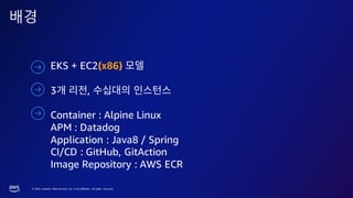 © 2023, Amazon Web Services, Inc. or its affiliates. All rights reserved.
배경
EKS + EC2(x86)
3 ,
Container : Alpine Linux
APM : Datadog
Application : Java8 / Spring
CI/CD : GitHub, GitAction
Image Repository : AWS ECR
 