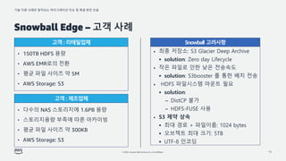 기술 지원 사례로 알아보는 마이그레이션 이슈 및 해결 방안 모음
© 2022, Amazon Web Services, Inc. or its affiliates.
Snowball Edge – 고객 사례
11
• 최종 저장소: S3 Glacier Deep Archive
▪ solution: Zero day Lifecycle
• 작은 파일로 인한 낮은 전송속도
▪ solution: S3booster 를 통한 배치 전송
• HDFS 파일시스템 마운트 필요
▪ solution:
– DistCP 불가
– HDFS-FUSE 사용
• S3 제약 상속
▪ 최대 경로 + 파일이름: 1024 bytes
▪ 오브젝트 최대 크기: 5TB
▪ UTF-8 인코딩
• 150TB HDFS 용량
• AWS EMR로의 전환
• 평균 파일 사이즈 약 5M
• AWS Storage: S3
고객 : 리테일업체
고객 : 제조업체
• 다수의 NAS 스토리지에 1.6PB 용량
• 스토리지용량 부족에 따른 아카이빙
• 평균 파일 사이즈 약 300KB
• AWS Storage: S3
Snowball 고려사항
 