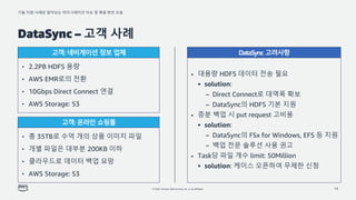 기술 지원 사례로 알아보는 마이그레이션 이슈 및 해결 방안 모음
© 2022, Amazon Web Services, Inc. or its affiliates.
DataSync – 고객 사례
13
• 대용량 HDFS 데이터 전송 필요
▪ solution:
– Direct Connect로 대역폭 확보
– DataSync의 HDFS 기본 지원
• 증분 백업 시 put request 고비용
▪ solution:
– DataSync의 FSx for Windows, EFS 등 지원
– 백업 전문 솔루션 사용 권고
• Task당 파일 개수 limit: 50Million
▪ solution: 케이스 오픈하여 무제한 신청
• 2.2PB HDFS 용량
• AWS EMR로의 전환
• 10Gbps Direct Connect 연결
• AWS Storage: S3
고객: 네비게이션 정보 업체
고객: 온라인 쇼핑몰
• 총 35TB로 수억 개의 상품 이미지 파일
• 개별 파일은 대부분 200KB 이하
• 클라우드로 데이터 백업 요망
• AWS Storage: S3
DataSync 고려사항
 