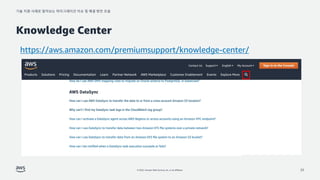 기술 지원 사례로 알아보는 마이그레이션 이슈 및 해결 방안 모음
© 2022, Amazon Web Services, Inc. or its affiliates.
Knowledge Center
22
https://aws.amazon.com/premiumsupport/knowledge-center/
 