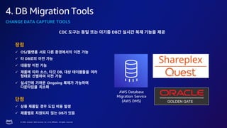© 2023, Amazon Web Services, Inc. or its affiliates. All rights reserved.
4. DB Migration Tools
CDC DB
✓ OS/
✓ DB
✓
✓ , DB,
✓ Ongoing
✓
✓ DB
AWS Database
Migration Service
(AWS DMS)
CHANGE DATA CAPTURE TOOLS
 
