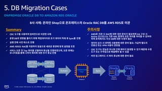 © 2023, Amazon Web Services, Inc. or its affiliates. All rights reserved.
5. DB Migration Cases
B : Shop Oracle RAC DB AWS RDS
✓ AWS RAC HA
Active RAC
DB
✓ :
VPN
✓ CDC
✓
ONPREMISE ORACLE DB TO AMAZON RDS ORACLE
Summary
✓ CDC
✓ DB Sync
✓
✓ AWS RDS RAC
✓ Top ,
 