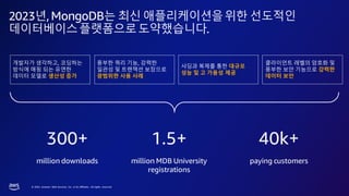© 2023, Amazon Web Services, Inc. or its affiliates. All rights reserved.
2023년,MongoDB는 최신 애플리케이션을위한 선도적인
데이터베이스플랫폼으로도약했습니다.
개발자가 생각하고, 코딩하는
방식에 매핑 되는 유연한
데이터 모델로 생산성 증가
풍부한 쿼리 기능, 강력한
일관성 및 트랜잭션 보장으로
광범위한 사용 사례
샤딩과 복제를 통한 대규모
성능 및 고 가용성 제공
클라이언트 레벨의 암호화 및
풍부한 보안 기능으로 강력한
데이터 보안
300+
million downloads
1.5+
million MDB University
registrations
40k+
paying customers
 