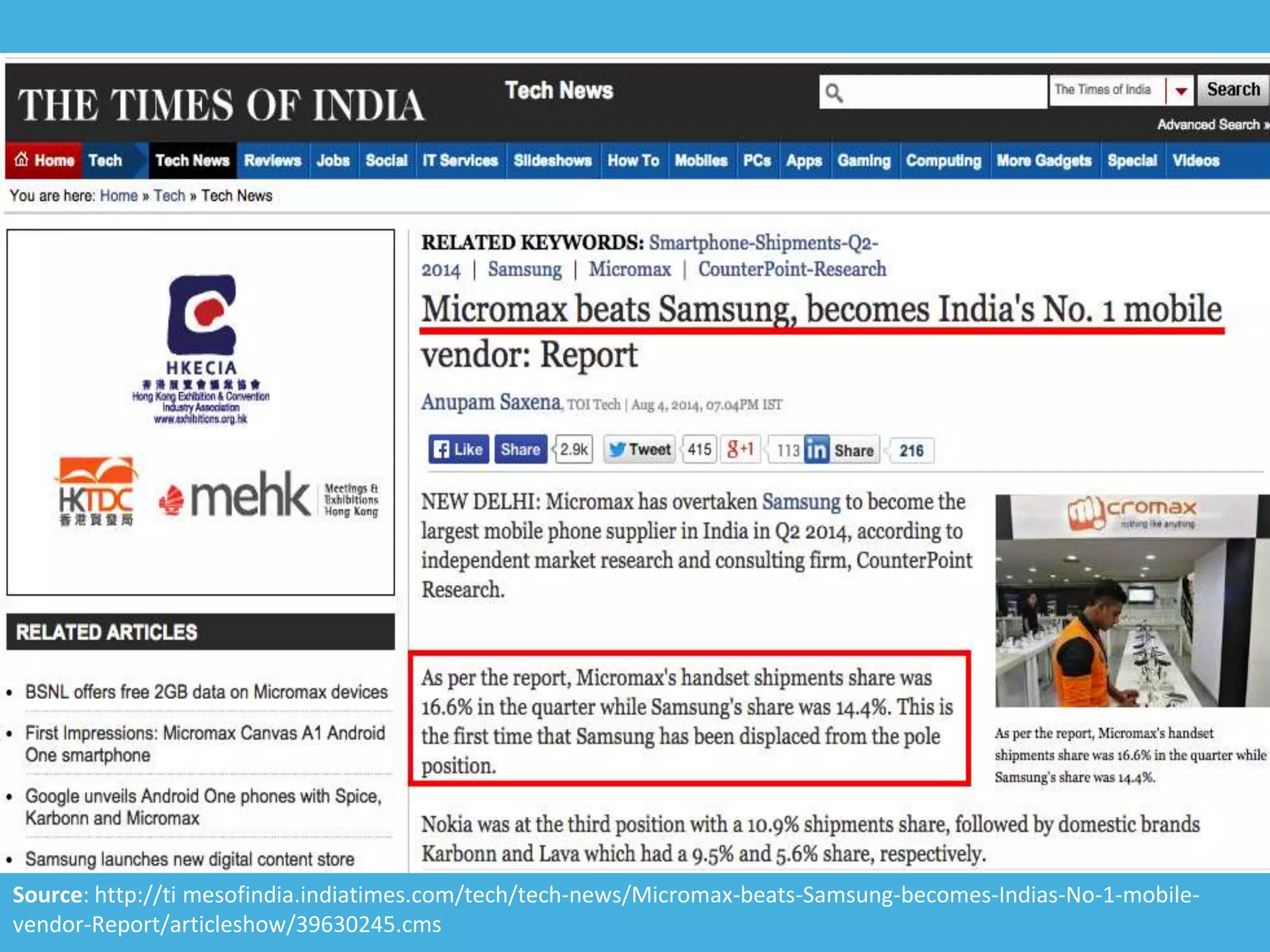 Source: http://ti mesofindia.indiatimes.com/tech/tech-news/Micromax-beats-Samsung-becomes-Indias-No-1-mobile-
vendor-Report/articleshow/39630245.cms
 