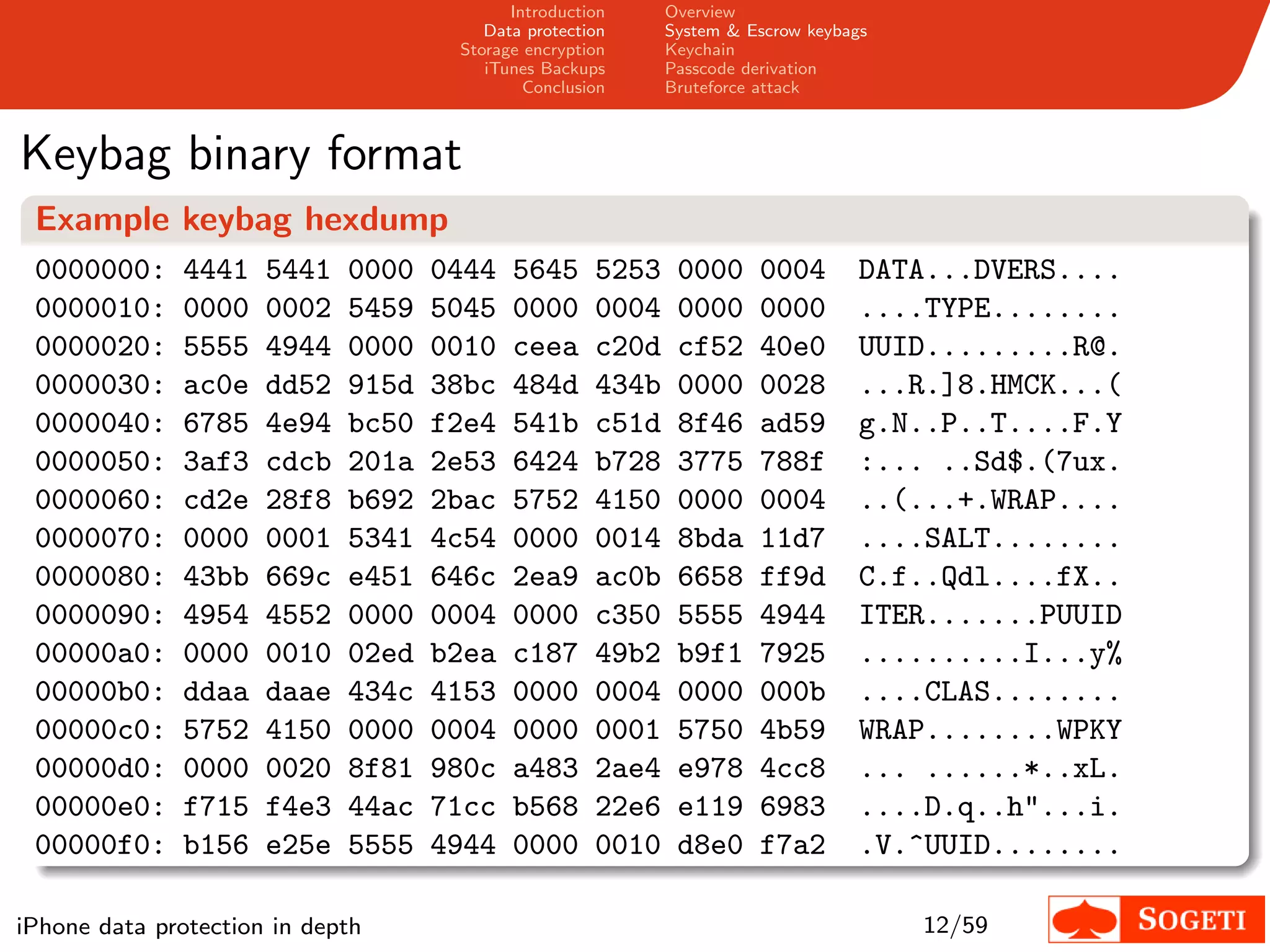 Introduction     Overview
                                        Data protection     System & Escrow keybags
                                     Storage encryption     Keychain
                                        iTunes Backups      Passcode derivation
                                             Conclusion     Bruteforce attack



Keybag binary format
 Example keybag hexdump
 0000000:     4441    5441   0000   0444   5645      5253    0000     0004        DATA...DVERS....
 0000010:     0000    0002   5459   5045   0000      0004    0000     0000        ....TYPE........
 0000020:     5555    4944   0000   0010   ceea      c20d    cf52     40e0        UUID.........R@.
 0000030:     ac0e    dd52   915d   38bc   484d      434b    0000     0028        ...R.]8.HMCK...(
 0000040:     6785    4e94   bc50   f2e4   541b      c51d    8f46     ad59        g.N..P..T....F.Y
 0000050:     3af3    cdcb   201a   2e53   6424      b728    3775     788f        :... ..Sd$.(7ux.
 0000060:     cd2e    28f8   b692   2bac   5752      4150    0000     0004        ..(...+.WRAP....
 0000070:     0000    0001   5341   4c54   0000      0014    8bda     11d7        ....SALT........
 0000080:     43bb    669c   e451   646c   2ea9      ac0b    6658     ff9d        C.f..Qdl....fX..
 0000090:     4954    4552   0000   0004   0000      c350    5555     4944        ITER.......PUUID
 00000a0:     0000    0010   02ed   b2ea   c187      49b2    b9f1     7925        ..........I...y%
 00000b0:     ddaa    daae   434c   4153   0000      0004    0000     000b        ....CLAS........
 00000c0:     5752    4150   0000   0004   0000      0001    5750     4b59        WRAP........WPKY
 00000d0:     0000    0020   8f81   980c   a483      2ae4    e978     4cc8        ... ......*..xL.
 00000e0:     f715    f4e3   44ac   71cc   b568      22e6    e119     6983        ....D.q..h"...i.
 00000f0:     b156    e25e   5555   4944   0000      0010    d8e0     f7a2        .V.^UUID........

iPhone data protection in depth                                                       12/59
 