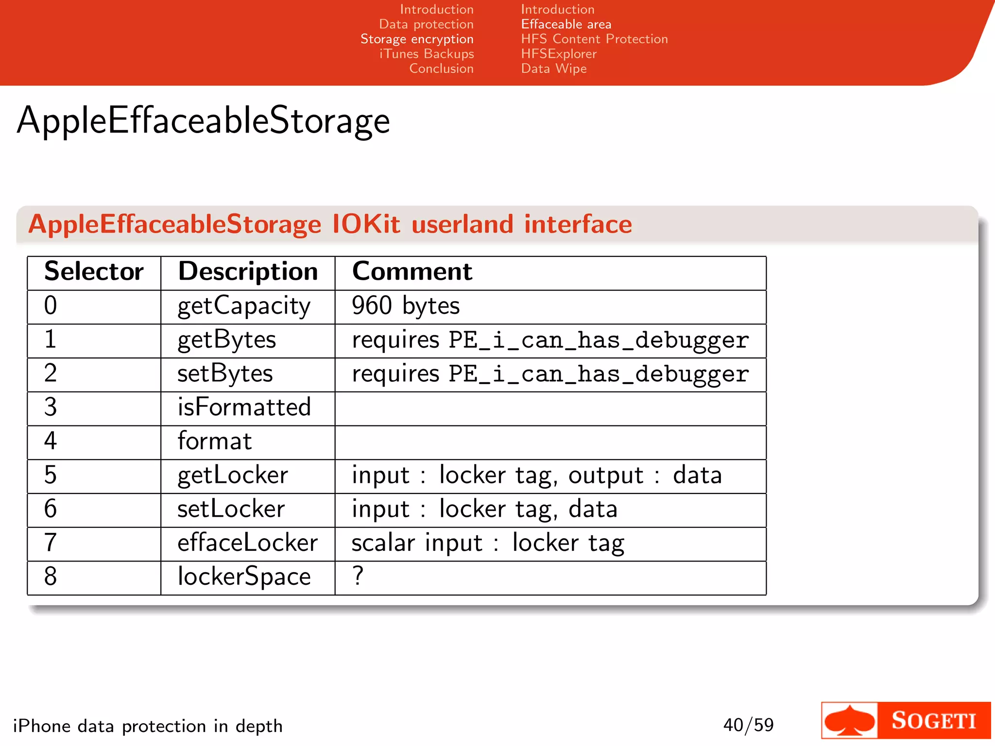 Introduction   Introduction
                                     Data protection   Eﬀaceable area
                                  Storage encryption   HFS Content Protection
                                     iTunes Backups    HFSExplorer
                                          Conclusion   Data Wipe



AppleEﬀaceableStorage

 AppleEﬀaceableStorage IOKit userland interface
   Selector       Description     Comment
   0              getCapacity     960 bytes
   1              getBytes        requires PE_i_can_has_debugger
   2              setBytes        requires PE_i_can_has_debugger
   3              isFormatted
   4              format
   5              getLocker       input : locker tag, output : data
   6              setLocker       input : locker tag, data
   7              eﬀaceLocker     scalar input : locker tag
   8              lockerSpace     ?




iPhone data protection in depth                                                 40/59
 
