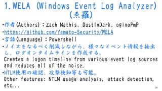 1.WELA (Windows Event Log Analyzer)
(ゑ羅)
•作者(Authors)：Zach Mathis、DustInDark、oginoPmP
•https://github.com/Yamato-Security/...