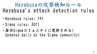 Hayabusaの攻撃検知ルール
Hayabusa's attack detection rules
• Hayabusa rules: 141
• Sigma rules: 3011
• 毎⽇Sigmaコミュニティに更新される!
Update...