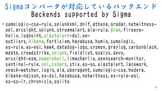 Sigmaコンバータが対応しているバックエンド
Backends supported by Sigma
• sumologic-cse-rule,splunkxml,dnif,athena,qradar,netwitness-
epl,arcs...
