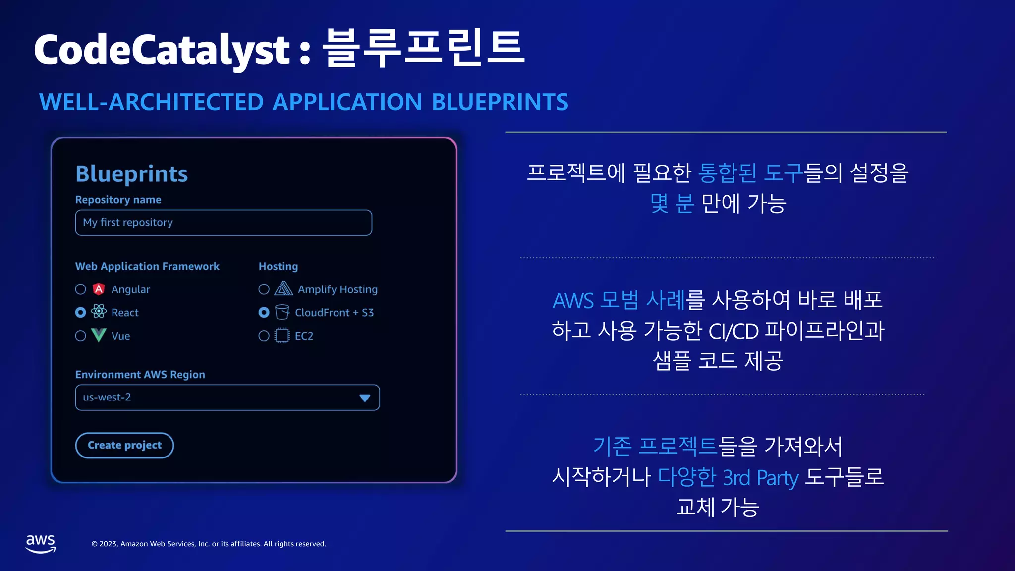 © 2023, Amazon Web Services, Inc. or its affiliates. All rights reserved.
프로젝트에 필요한 통합된 도구들의 설정을
몇 분 만에 가능
AWS 모범 사례를 사용하여 바로 배포
하고 사용 가능한 CI/CD 파이프라인과
샘플 코드 제공
기존 프로젝트들을 가져와서
시작하거나 다양한 3rd Party 도구들로
교체가능
CodeCatalyst : 블루프린트
WELL-ARCHITECTED APPLICATION BLUEPRINTS
 