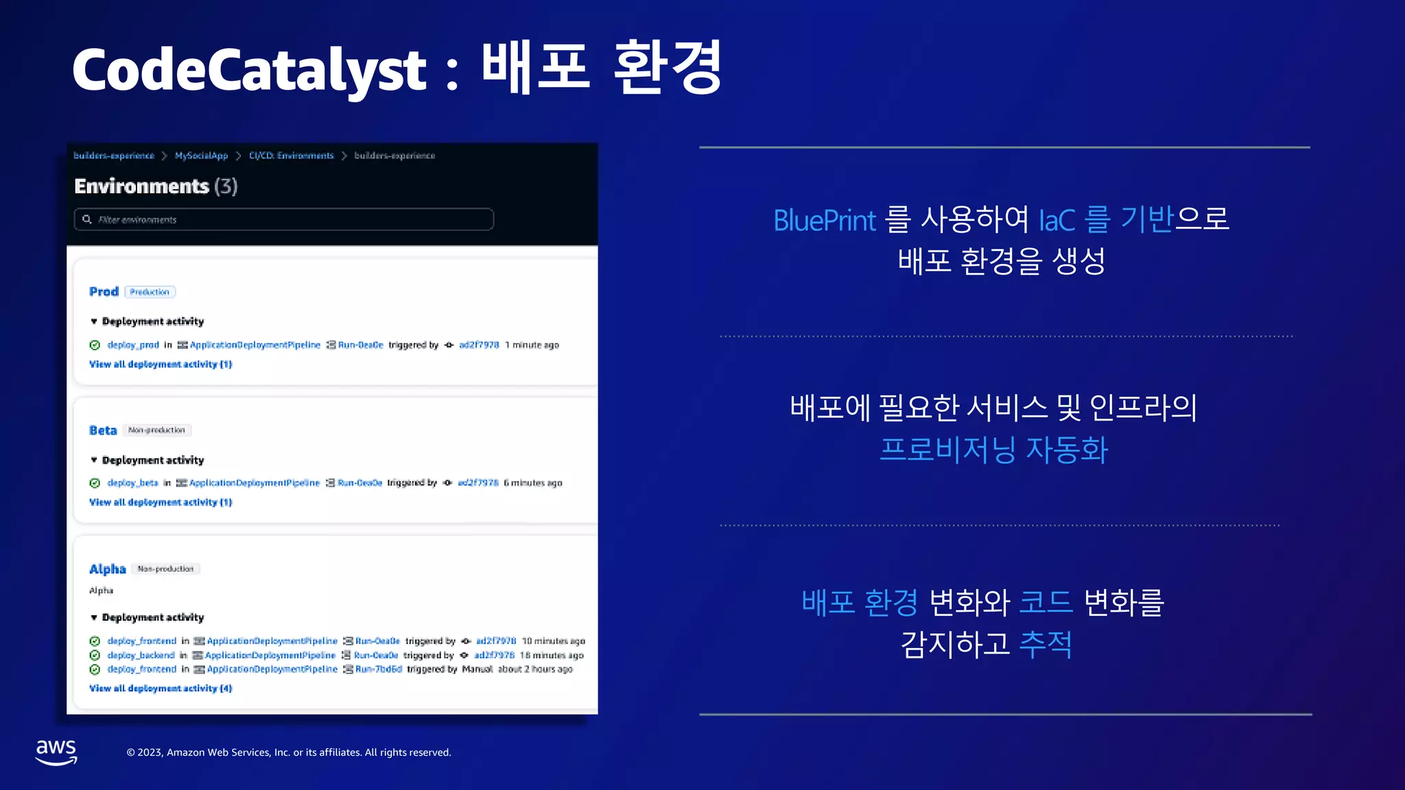 © 2023, Amazon Web Services, Inc. or its affiliates. All rights reserved.
CodeCatalyst : 배포 환경
BluePrint 를 사용하여 IaC 를 기반으로
배포 환경을 생성
배포에필요한서비스및인프라의
프로비저닝 자동화
배포 환경 변화와 코드 변화를
감지하고 추적
 