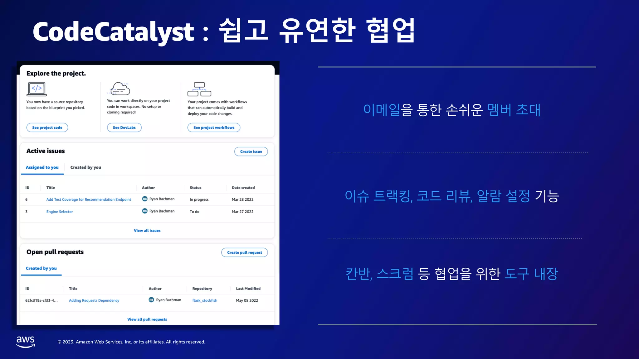 © 2023, Amazon Web Services, Inc. or its affiliates. All rights reserved.
CodeCatalyst : 쉽고 유연한 협업
이메일을 통한 손쉬운 멤버 초대
이슈 트랙킹, 코드 리뷰, 알람 설정 기능
칸반, 스크럼 등 협업을 위한 도구 내장
 