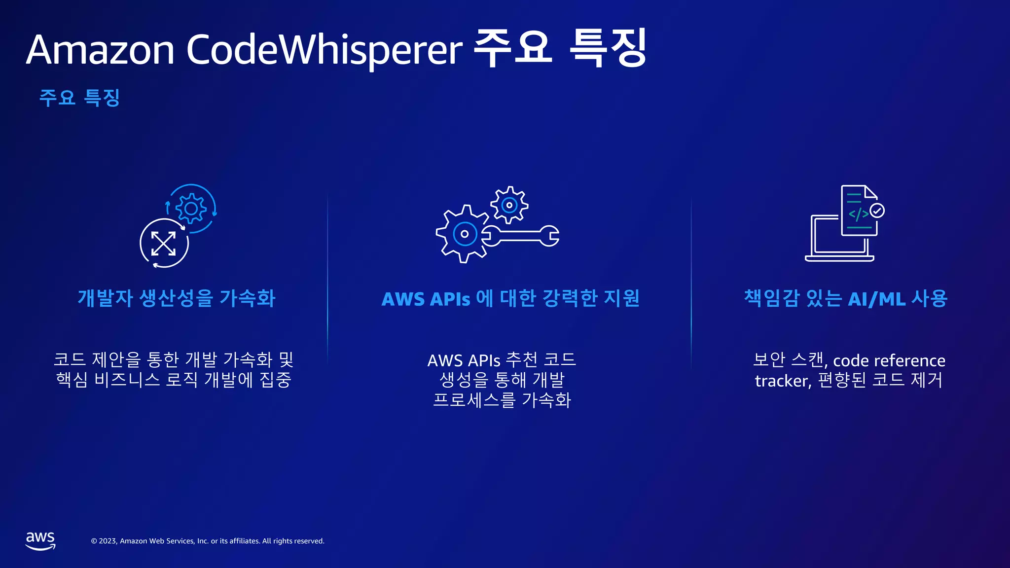 © 2023, Amazon Web Services, Inc. or its affiliates. All rights reserved.
Amazon CodeWhisperer 주요 특징
AWS APIs 에 대한 강력한 지원
AWS APIs 추천 코드
생성을 통해 개발
프로세스를 가속화
책임감 있는 AI/ML 사용
보안 스캔, code reference
tracker, 편향된 코드 제거
개발자 생산성을 가속화
코드 제안을 통한 개발 가속화 및
핵심 비즈니스 로직 개발에 집중
주요 특징
 