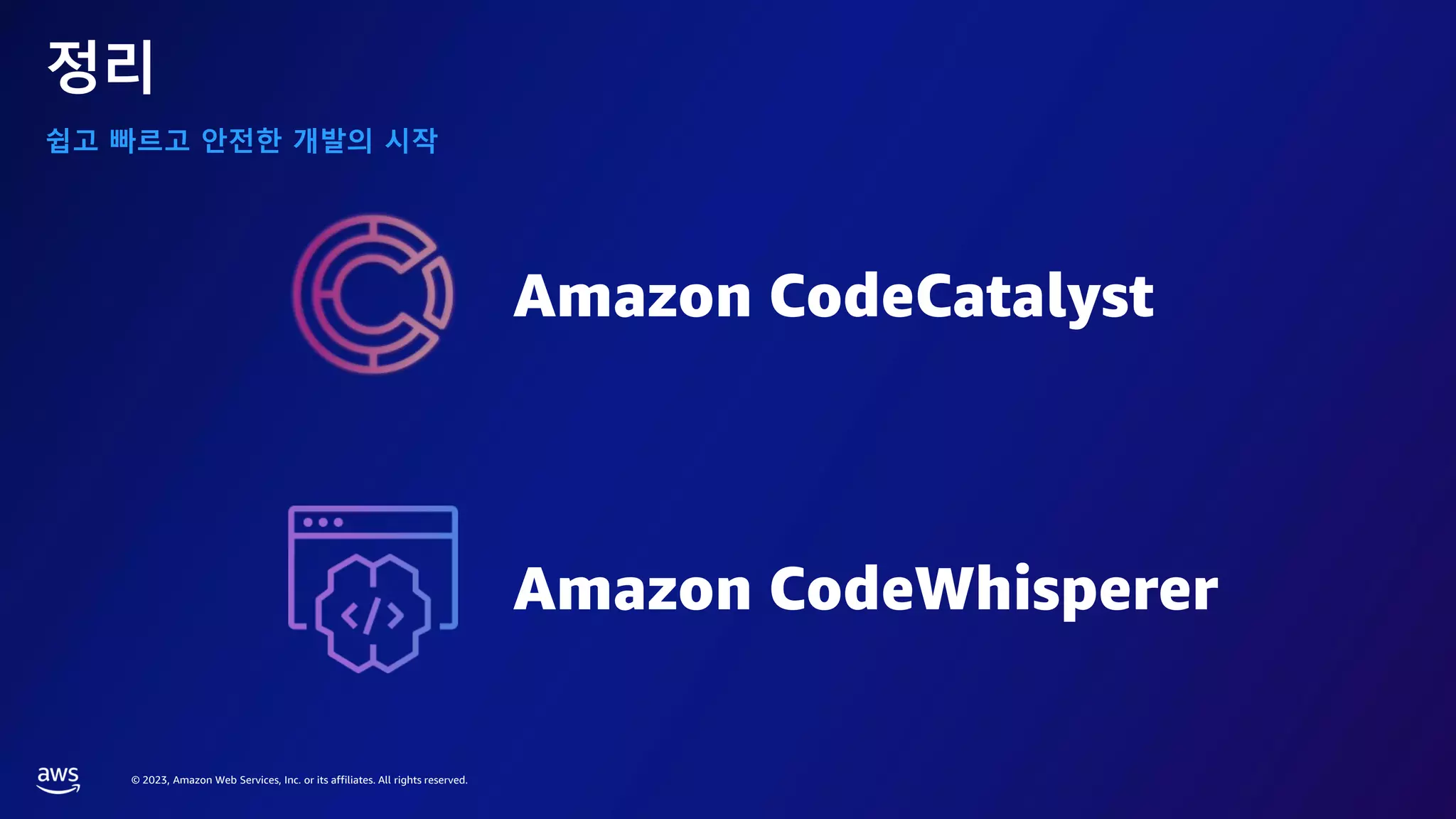 © 2023, Amazon Web Services, Inc. or its affiliates. All rights reserved.
쉽고 빠르고 안전한 개발의 시작
정리
Amazon CodeWhisperer
Amazon CodeCatalyst
 