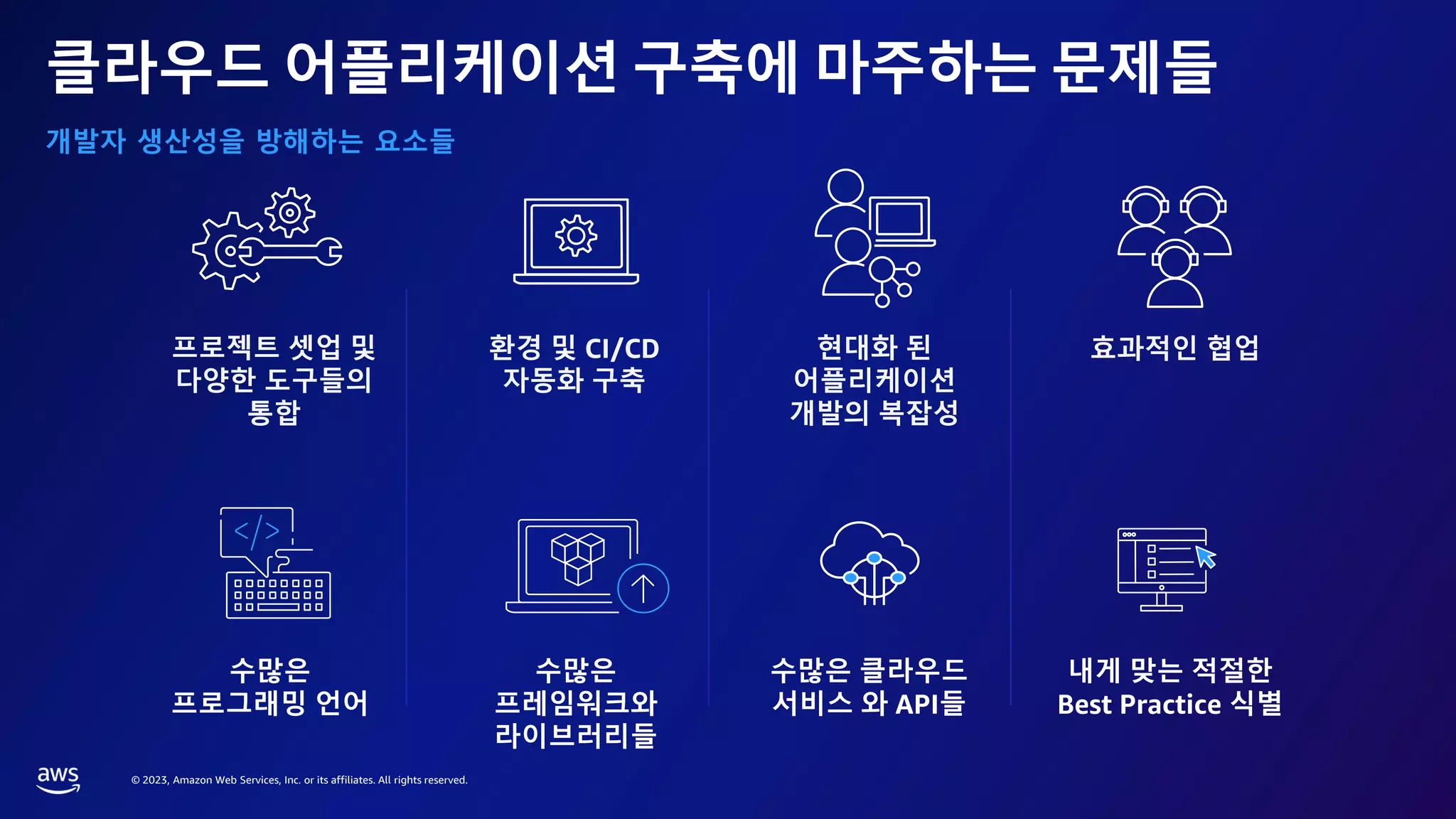 © 2023, Amazon Web Services, Inc. or its affiliates. All rights reserved.
클라우드 어플리케이션 구축에 마주하는 문제들
개발자 생산성을 방해하는 요소들
프로젝트 셋업 및
다양한 도구들의
통합
환경 및 CI/CD
자동화 구축
현대화 된
어플리케이션
개발의 복잡성
효과적인 협업
수많은
프로그래밍 언어
수많은
프레임워크와
라이브러리들
수많은 클라우드
서비스 와 API들
내게 맞는 적절한
Best Practice 식별
 