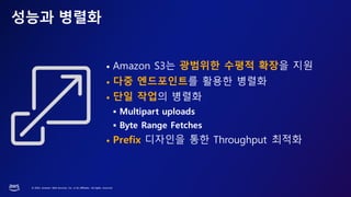 © 2023, Amazon Web Services, Inc. or its affiliates. All rights reserved.
성능과 병렬화
• Amazon S3는 광범위한 수평적 확장을 지원
• 다중 엔드포인트를 활용한 병렬화
• 단일 작업의 병렬화
▪ Multipart uploads
▪ Byte Range Fetches
• Prefix 디자인을 통한 Throughput 최적화
 