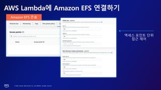 © 2023, Amazon Web Services, Inc. or its affiliates. All rights reserved.
AWS Lambda에 Amazon EFS 연결하기
EFS 액세스 포인트 생성
액세스 포인트 단위
접근 제어
Amazon EFS 콘솔
 