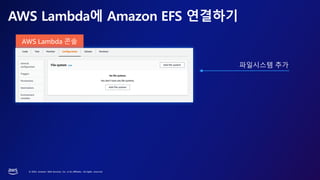 © 2023, Amazon Web Services, Inc. or its affiliates. All rights reserved.
AWS Lambda 콘솔
AWS Lambda에 Amazon EFS 연결하기
파일시스템 추가
 