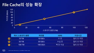 © 2023, Amazon Web Services, Inc. or its affiliates. All rights reserved.
File Cache의 성능 확장
캐시 스토리지 용량 처리량 IOPS 지연시간
10 TiB 10 GB/s 수 만 밀리 초 미만
50 TiB 50 GB/s 수십 만 밀리 초 미만
100 TiB 100 GB/s 백 만 이상 밀리 초 미만
A
B
C
0
20
40
60
80
100
120
0 20 40 60 80 100 120
처리량
(GB/s)
스토리지 용량 (TiB)
A
B
C
 