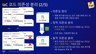 © 2023, Amazon Web Services, Inc. or its affiliates. All rights reserved.
IaC 코드 의존성 분리 (2/5)
• 의존성 분리
- 재해 복구용으로 IaC 코드 이용 위해 코드 내
원본 리전에 대한 의존성 분리
• 정적 의존성 분리
- 복구 리전의 정적 정보가 포함된 IaC 코드는
사전에 작성
- 리전 정보, 가용영역 정보 등
• 동적 의존성 분리
- 복구 리전의 동적 정보가 포함된 IaC 코드는
복구 시점에 작성 – 자동화 검토
- EC2 인스턴스 복구용 AMI 정보, RDS 복구용
DB Snapshot 정보 등
 