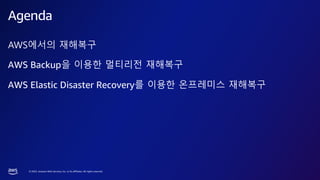 © 2023, Amazon Web Services, Inc. or its affiliates. All rights reserved.
AWS에서의 재해복구
AWS Backup을 이용한 멀티리전 재해복구
AWS Elastic Disaster Recovery를 이용한 온프레미스 재해복구
Agenda
 