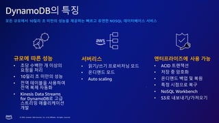 © 2023, Amazon Web Services, Inc. or its affiliates. All rights reserved.
DynamoDB의 특징
모든 규모에서 10밀리 초 미만의 성능을 제공하는 빠르고 유연한 NOSQL 데이터베이스 서비스
규모에 따른 성능
• 초당 수백만 개 이상의
요청을 처리
• 10밀리 초 미만의 성능
• 전역 테이블을 사용하여
전역 복제 자동화
• Kinesis Data Streams
for DynamoDB로 고급
스트리밍 애플리케이션
개발
엔터프라이즈에 사용 가능
• ACID 트랜잭션
• 저장 중 암호화
• 온디맨드 백업 및 복원
• 특정 시점으로 복구
• NoSQL Workbench
• S3로 내보내기/가져오기
서버리스
• 읽기/쓰기 프로비저닝 모드
• 온디맨드 모드
• Auto scaling
7
 
