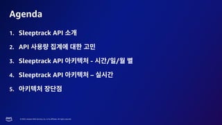 © 2023, Amazon Web Services, Inc. or its affiliates. All rights reserved.
Agenda
1. Sleeptrack API
2. API
3. Sleeptrack API - / /
4. Sleeptrack API –
5.
 