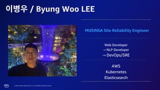 © 2023, Amazon Web Services, Inc. or its affiliates. All rights reserved.
MUSINSA Site Reliability Engineer
Web Developer
→ NLP Developer
→ DevOps/SRE
AWS
Kubernetes
Elasticsearch
/ Byung Woo LEE
 