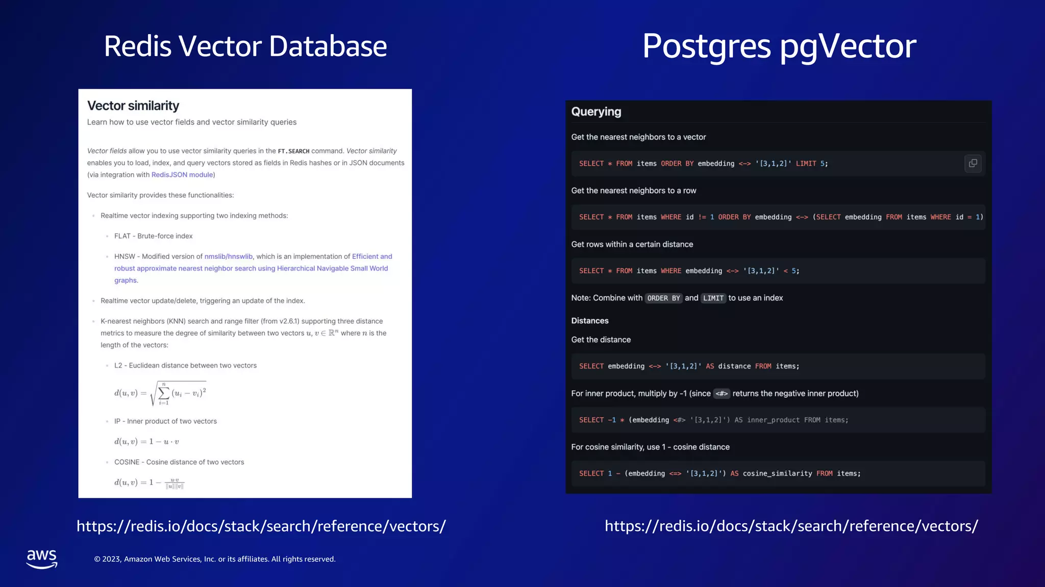 © 2023, Amazon Web Services, Inc. or its affiliates. All rights reserved.
Redis Vector Database
https://redis.io/docs/stack/search/reference/vectors/
Postgres pgVector
https://redis.io/docs/stack/search/reference/vectors/
 