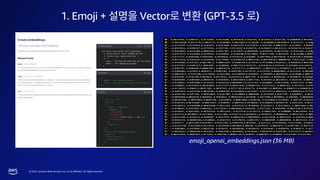 © 2023, Amazon Web Services, Inc. or its affiliates. All rights reserved.
1. Emoji + Vector (GPT-3.5 )
emoji_openai_embeddings.json (36 MB)
 