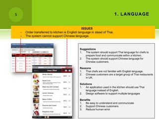 5                                                                            1 . LA N GU A GE


                                                  ISSUES
    -   Order transferred to kitchen is English language in stead of Thai.
    -   The system cannot support Chinese language.



                                                Suggestions
                                                1. The system should support Thai language for chefs to
                                                    prepare food and communicate within a kitchen.
                                                2. The system should support Chinese language for
                                                    Chinese customers.

                                                Reasons
                                                1. Thai chefs are not familiar with English language.
                                                2. Chinese customers are a target group of Thai restaurants
                                                    in UK.

                                                Solutions
                                                1. An application used in the kitchen should use Thai
                                                    language instead of English.
                                                2. Design software to support multiple languages

                                                Benefits
                                                1. Be easy to understand and communicate
                                                2. Support Chinese customers
                                                3. Reduce human error
 