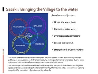 Sasaki’s core objectives:
 Green the waterfront
 Capitalize water views
 Enhancepedestrianconnections
 Extend the baywalk
 Strengthen the Center Grove
Thevision for theCoconutGrove waterfront is a human-scaled coastal recreational park with
public open space, strong pedestrian connectivity,inviting waterfront promenades, diverse open
spaces,and environmentally sensitive connections to theSpoil Islands.
Theplan strives to transform the underutilized waterfront into more cohesive and vibrant public
spaces and reorganize the ExpoCenter and Dinner Key Marina areas into a concentrated working
waterfront for recreation, education, and live-aboards.
 