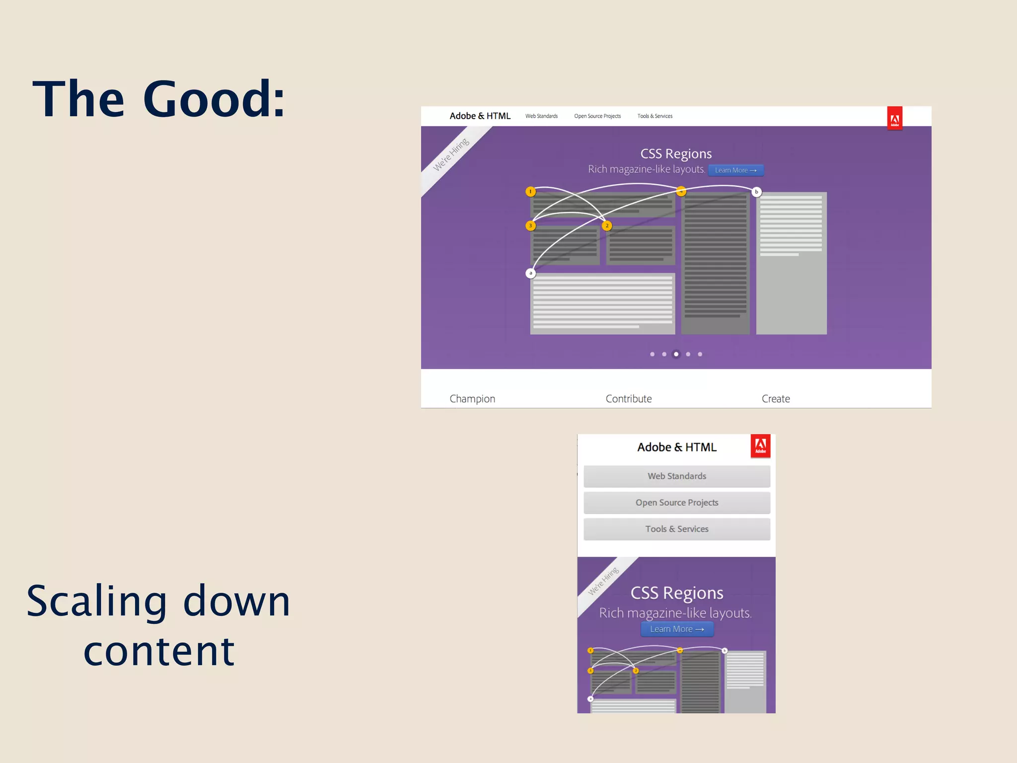 The Good:




Scaling down
   content
 