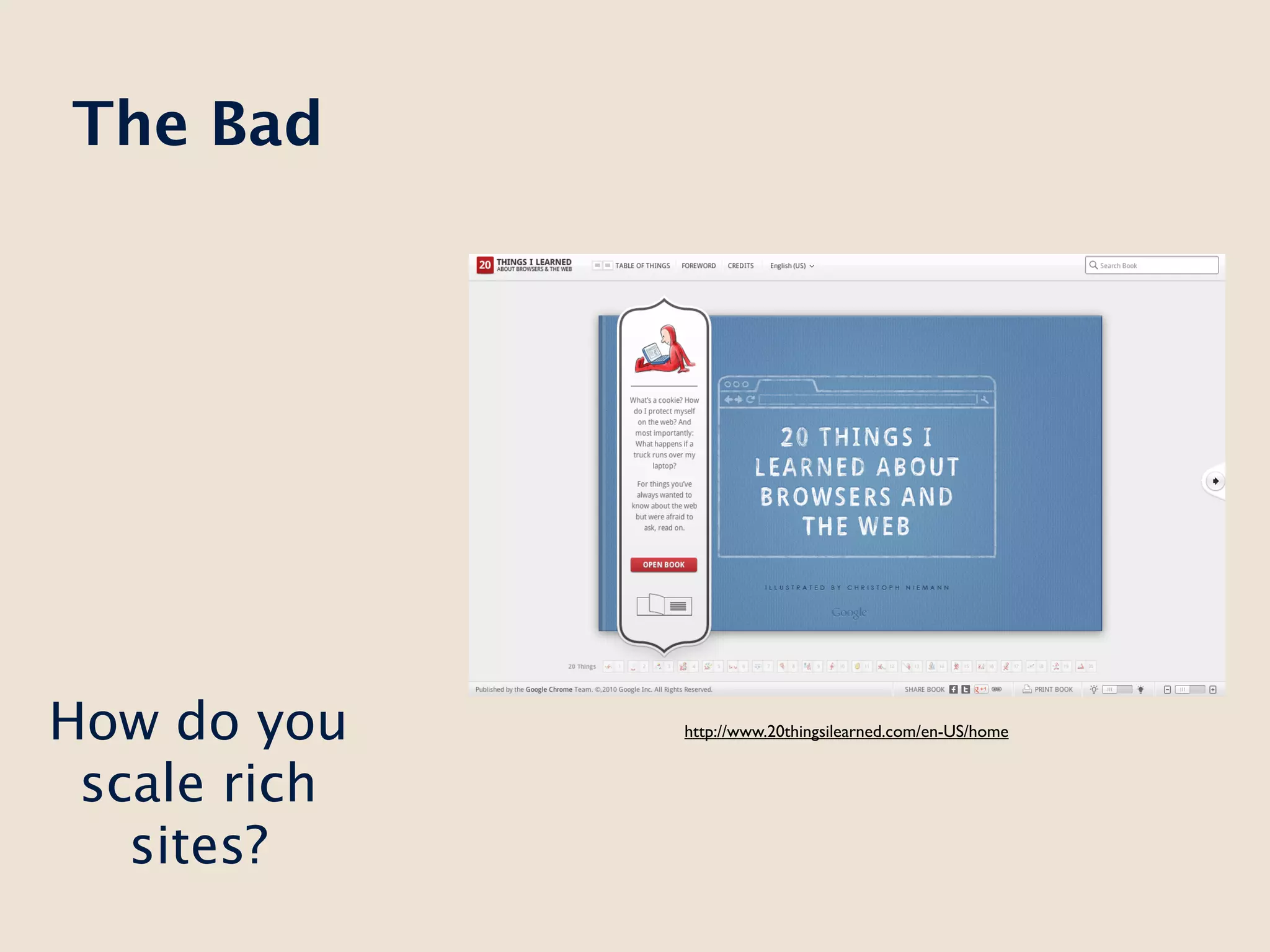 The Bad




How do you    http://www.20thingsilearned.com/en-US/home


 scale rich
   sites?
 