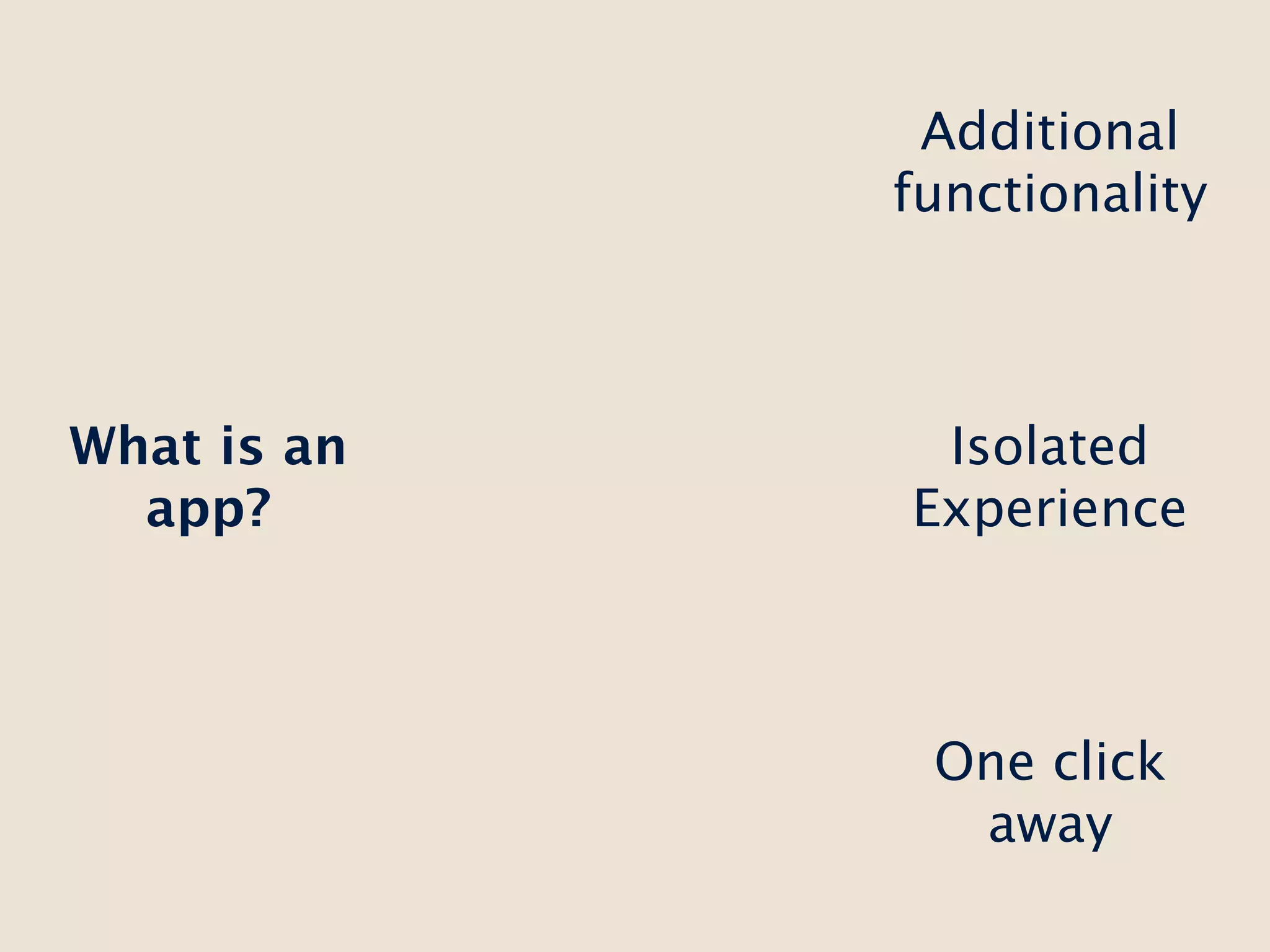 Additional
             functionality



What is an    Isolated
  app?       Experience



              One click
               away
 